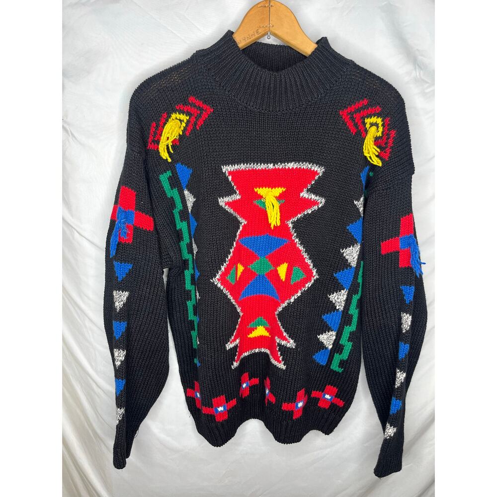 Counterparts Tribal Knit Sweater Pullover Mock Neck Ramie Cotton Size Large 80s